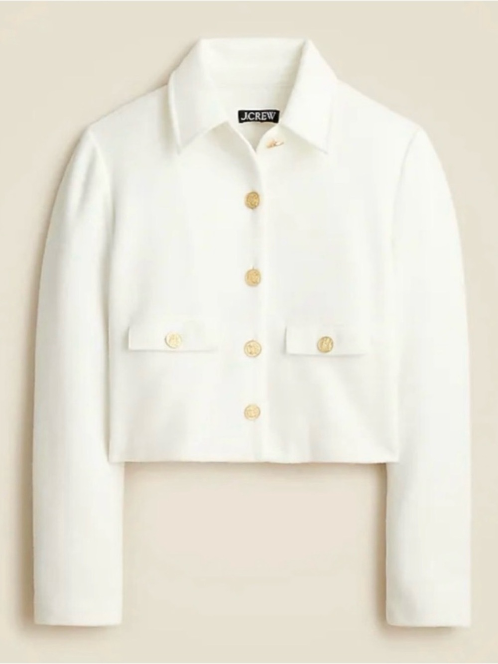 J. Crew White Cropped Button-Front Jacket with Gold Buttons